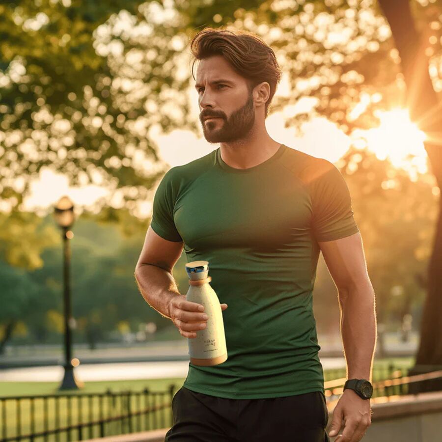 Un homme faisant une promenade et tenant un mixeur portable Fresh Juice
