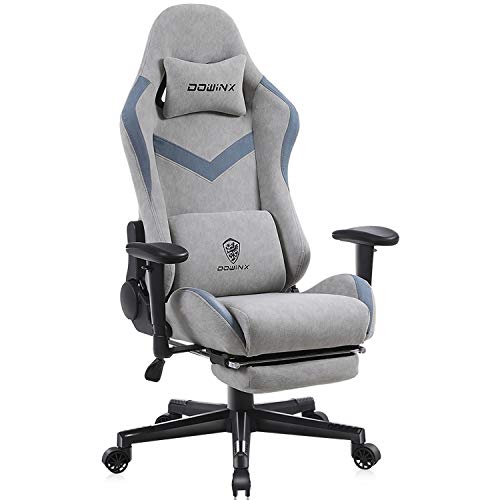 Dowinx Chaise Gaming Réglable Fauteuil de Bureau PC avec Repose Pieds, Chaise Gamer avec Support Lombaire de Massage, Tissu Respirant Siege Gamer avec Appui tête, Fauteuil de Style Course(Gris)