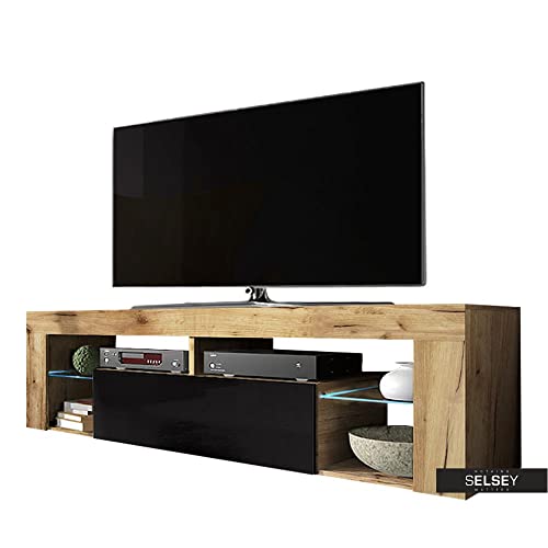 Selsey Hugo - Meuble TV/Banc TV (140 cm, Chene Lancaster/Noir Brillant, avec LED)