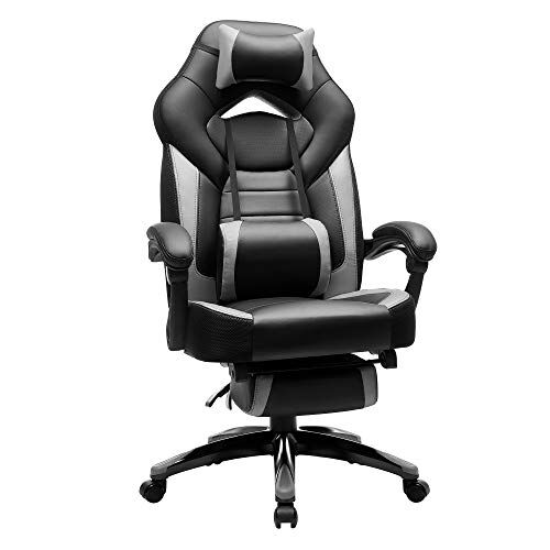 SONGMICS Fauteuil Gamer Ergonomique, Chaise Gaming, Fauteuil de Bureau, avec Repose-Pieds télescopique, Appui-tête réglable, Support Lombaire, capacité de Charge 150 kg, Gris et Noir OBG77BG